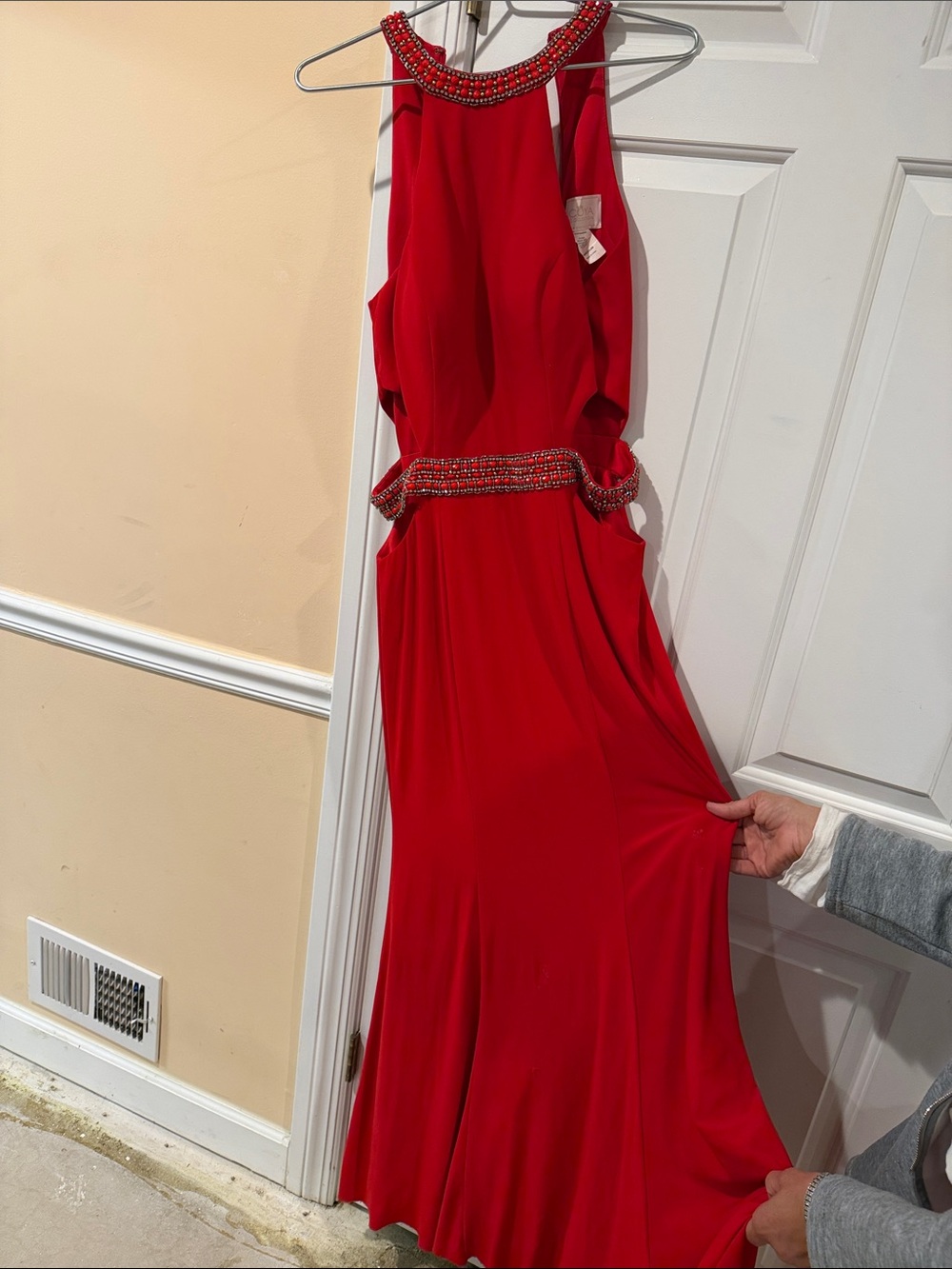 Red Beaded Halter Prom Dress